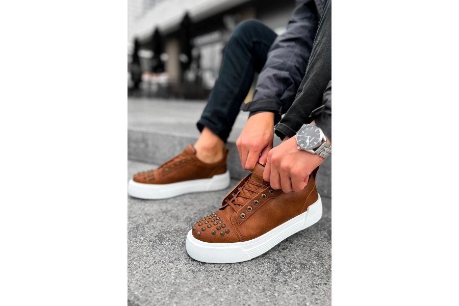 Shoecide Sho169 Bağcıklı Gotik Çivili Metal Cbt Thorn Erkek Ayakkabı Taba