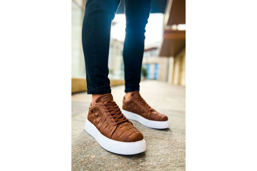 Shoecide Sho209 Bağcıklı Yüksek Taban Özel Tasarım Obt Vimini Erkek Ayakkabı Taba