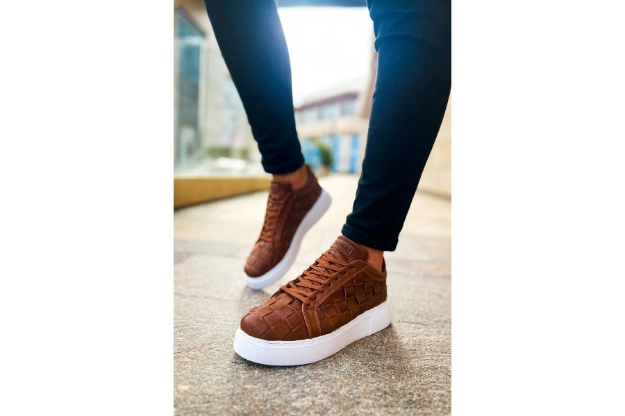 Shoecide Sho209 Bağcıklı Yüksek Taban Özel Tasarım Obt Vimini Erkek Ayakkabı Taba