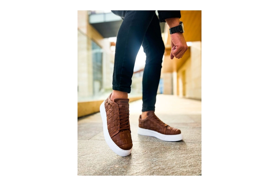 Shoecide Sho209 Bağcıklı Yüksek Taban Özel Tasarım Obt Vimini Erkek Ayakkabı Taba