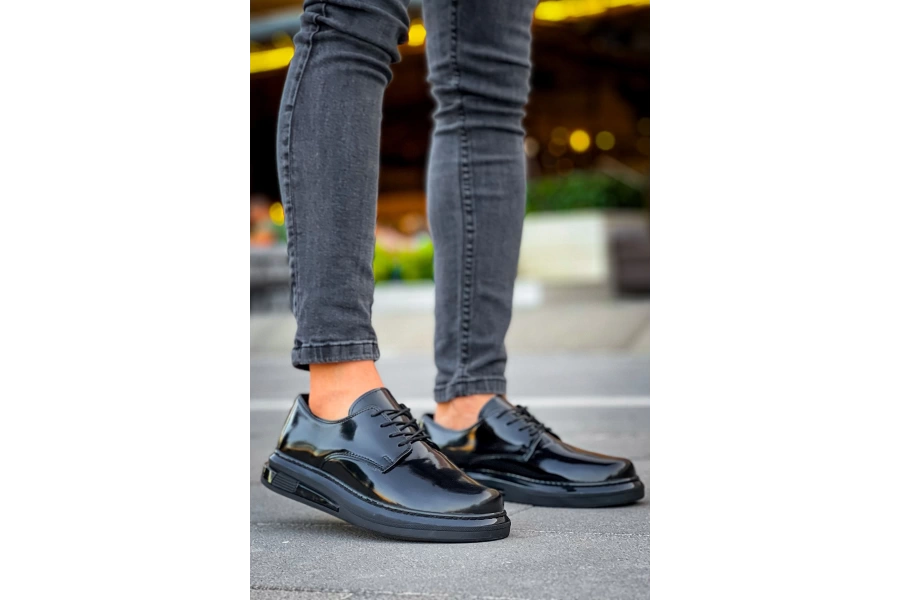 Shoecide Sho2403 Bağcıklı Rahat Yüksek Taban Rugan Rst Erkek Ayakkabı Sıyah