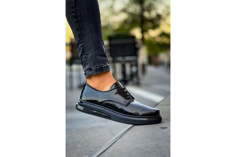 Shoecide Sho2403 Bağcıklı Rahat Yüksek Taban Rugan Rst Erkek Ayakkabı Sıyah