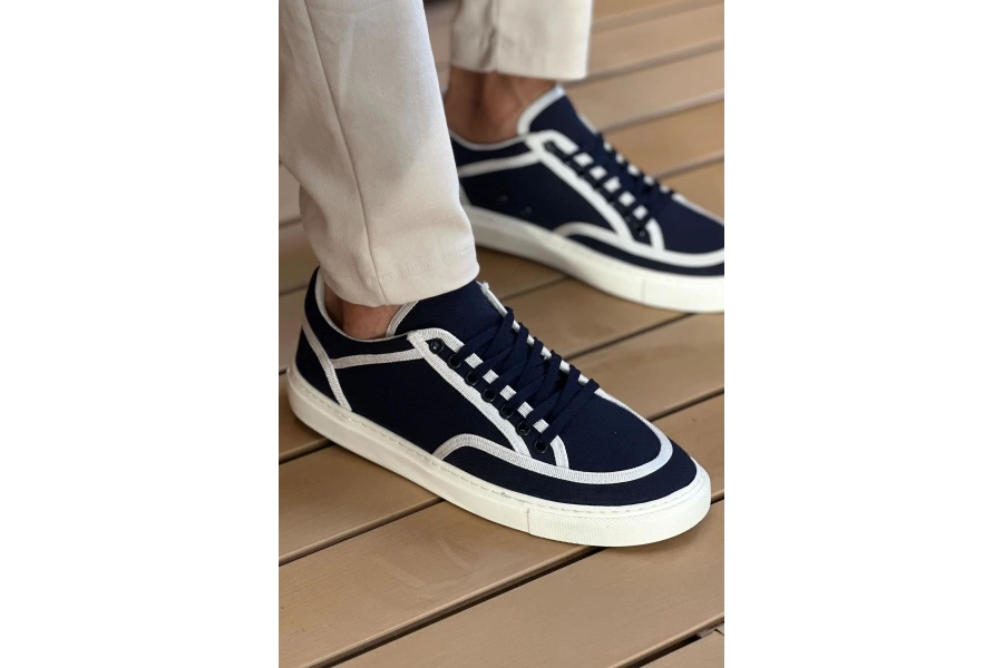 Shoecide Sho2505 - Keten Erkek Ayakkabı Lacivert Beyaz