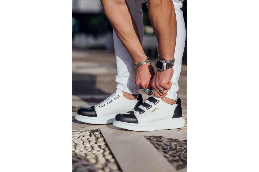 Shoecide Sho251 3 Bantlı Ayna Burun Rahat Taban Gbt Mirror Furry Erkek Ayakkabı Beyaz/sıyah