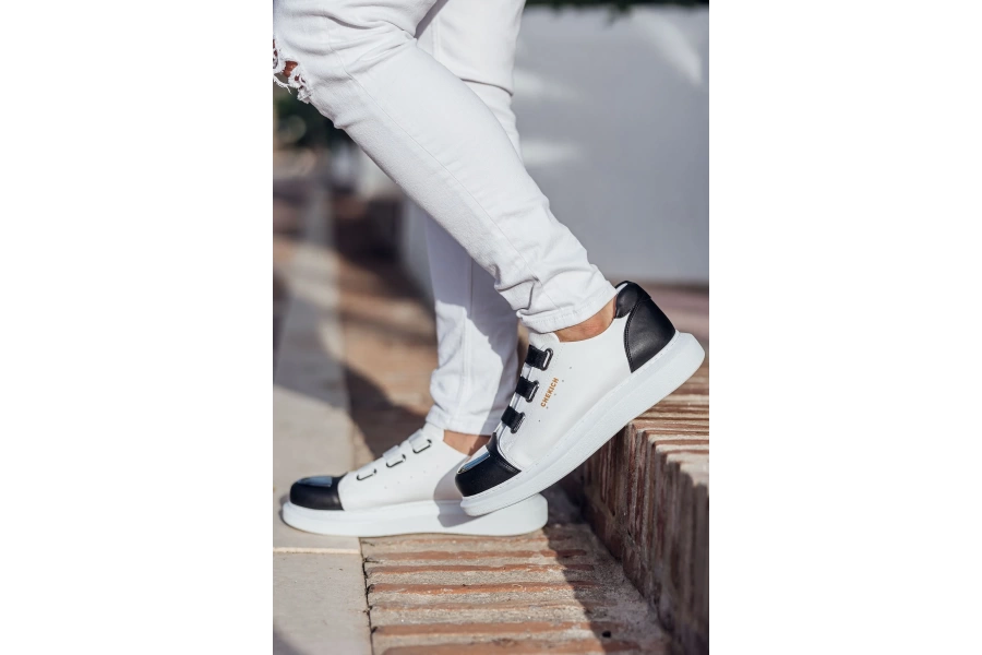 Shoecide Sho251 3 Bantlı Ayna Burun Rahat Taban Gbt Mirror Furry Erkek Ayakkabı Beyaz/sıyah