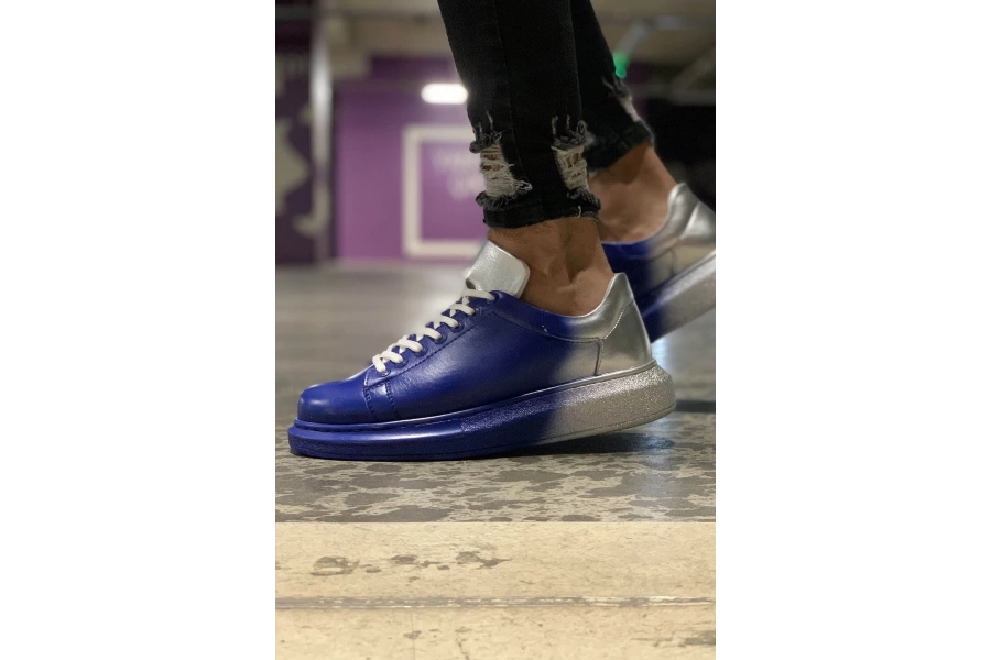 Shoecide Sho254 Bağcıklı Yüksek Taban Özel Tasarım Cbt Pittura Erkek Ayakkabı 412 Mavı / Gümüs