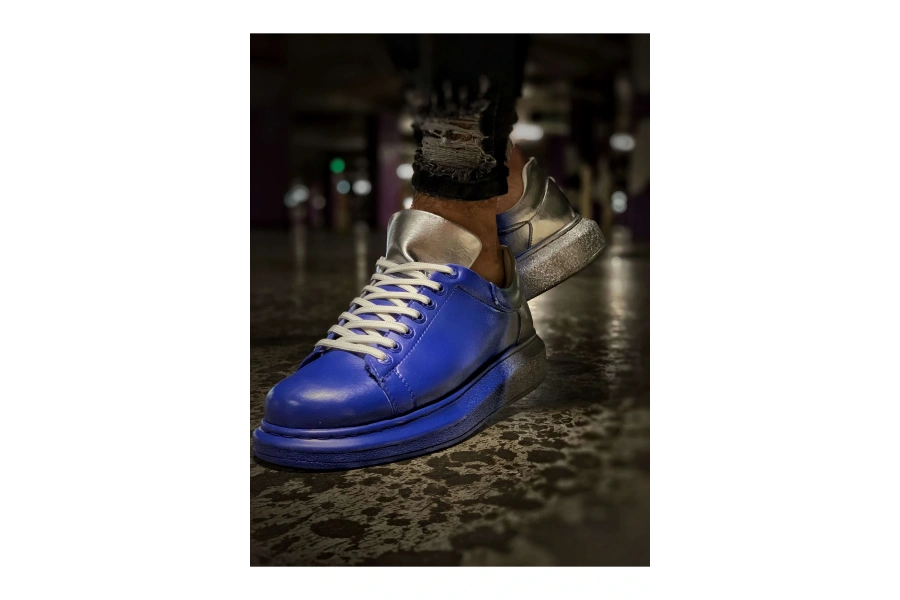 Shoecide Sho254 Bağcıklı Yüksek Taban Özel Tasarım Cbt Pittura Erkek Ayakkabı 412 Mavı / Gümüs