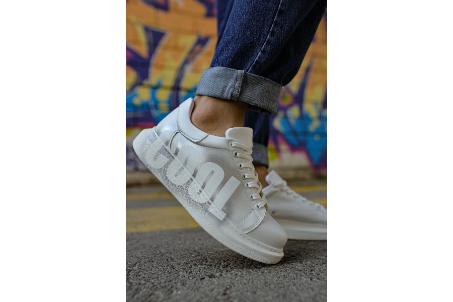 Shoecide Sho254 Bağcıklı Yüksek Taban Özel Tasarım Cbt Pittura Erkek Ayakkabı 434 Beyaz / Gümüs Cool