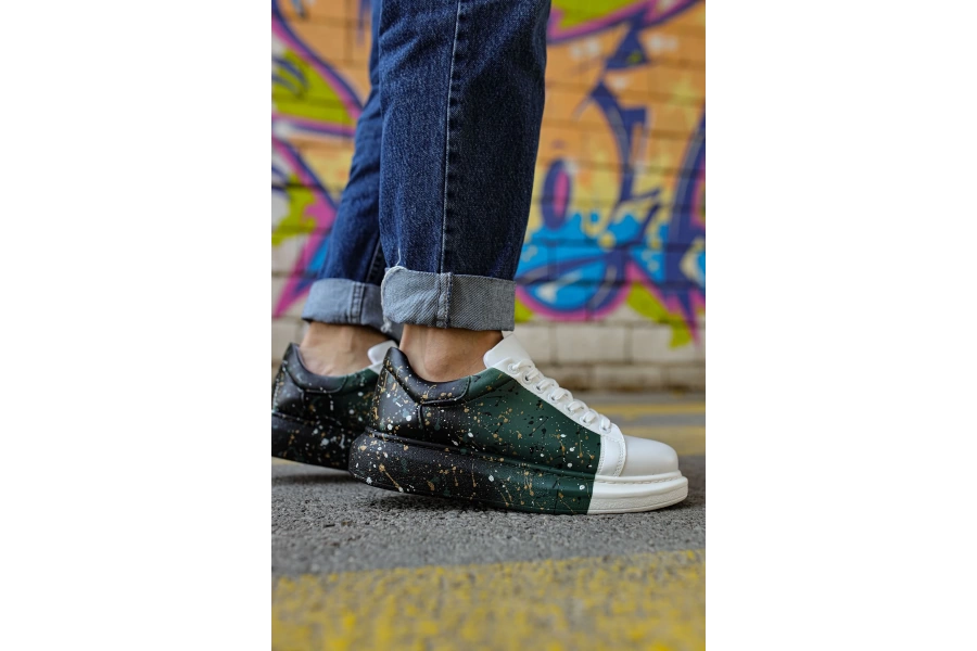 Shoecide Sho254 Bağcıklı Yüksek Taban Özel Tasarım Cbt Pittura Erkek Ayakkabı 437 Beyaz / Yesıl / Sıyah