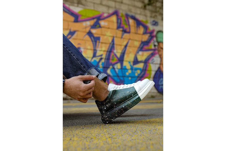 Shoecide Sho254 Bağcıklı Yüksek Taban Özel Tasarım Cbt Pittura Erkek Ayakkabı 437 Beyaz / Yesıl / Sıyah