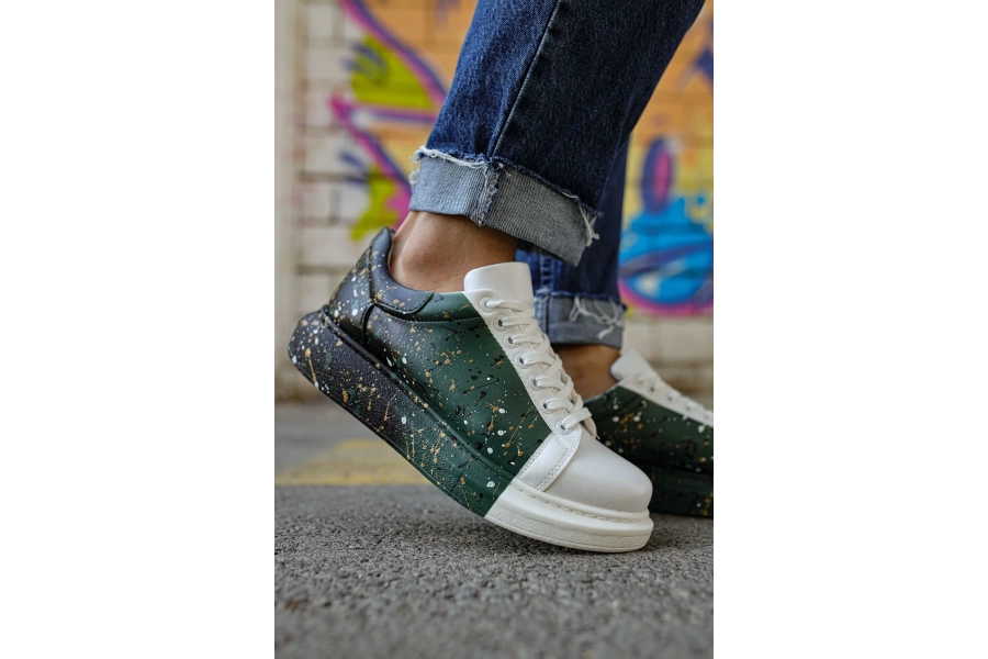 Shoecide Sho254 Bağcıklı Yüksek Taban Özel Tasarım Cbt Pittura Erkek Ayakkabı 437 Beyaz / Yesıl / Sıyah