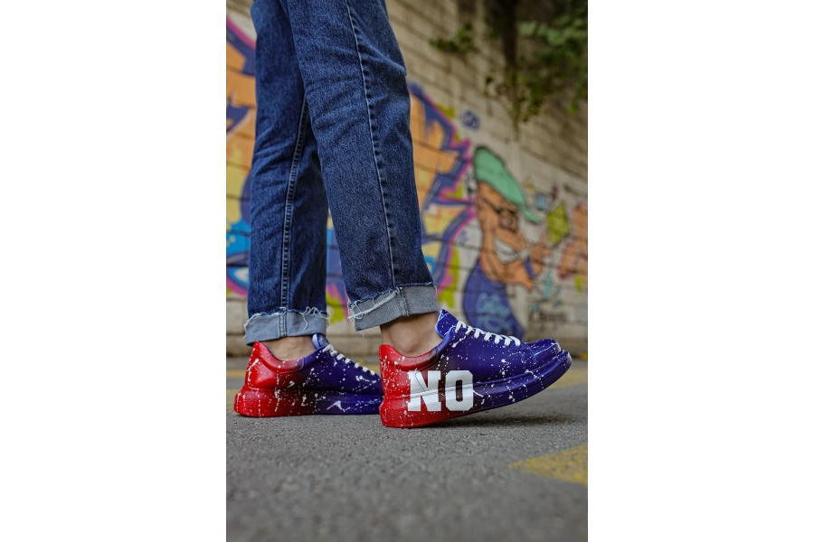 Shoecide Sho254 Bağcıklı Yüksek Taban Özel Tasarım Cbt Pittura Erkek Ayakkabı 441 Mavı / Kırmızı Yes