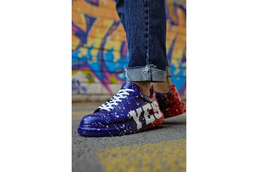 Shoecide Sho254 Bağcıklı Yüksek Taban Özel Tasarım Cbt Pittura Erkek Ayakkabı 441 Mavı / Kırmızı Yes