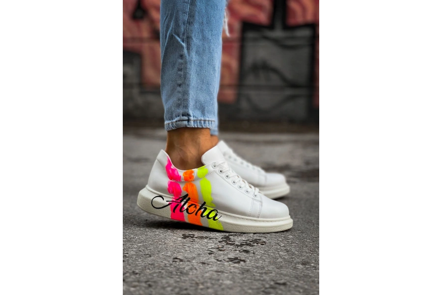 Shoecide Sho254 Bağcıklı Yüksek Taban Özel Tasarım Cbt Pittura Erkek Ayakkabı 501 Aloha Sarı Pembe Beyaz