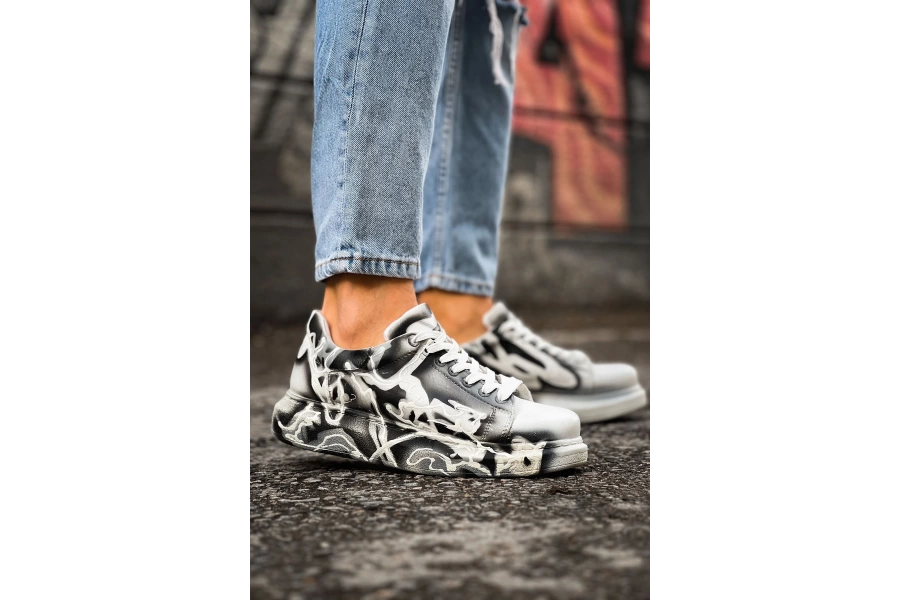 Shoecide Sho254 Bağcıklı Yüksek Taban Özel Tasarım Cbt Pittura Erkek Ayakkabı 533 Sıyah / Beyaz Karartma