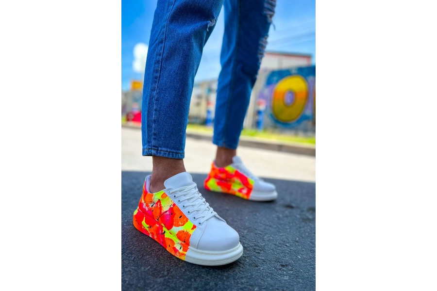 Shoecide Sho254 Bağcıklı Yüksek Taban Özel Tasarım Cbt Pittura Erkek Ayakkabı 535 Neon Turuncu / Sıyah Yağmur