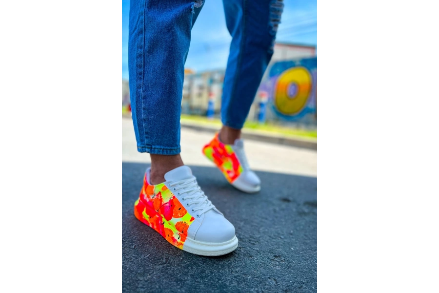 Shoecide Sho254 Bağcıklı Yüksek Taban Özel Tasarım Cbt Pittura Erkek Ayakkabı 535 Neon Turuncu / Sıyah Yağmur