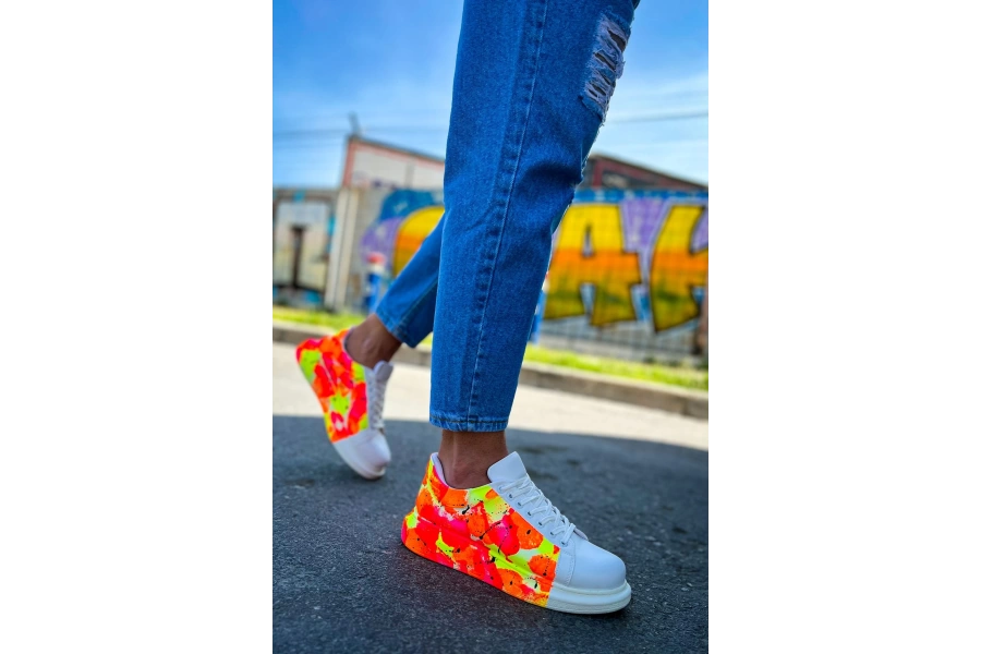 Shoecide Sho254 Bağcıklı Yüksek Taban Özel Tasarım Cbt Pittura Erkek Ayakkabı 535 Neon Turuncu / Sıyah Yağmur