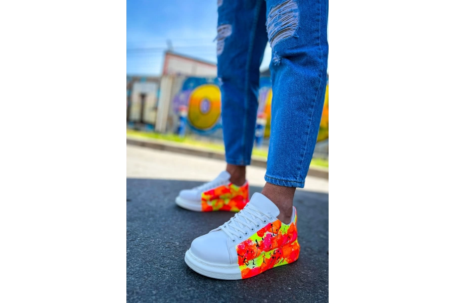 Shoecide Sho254 Bağcıklı Yüksek Taban Özel Tasarım Cbt Pittura Erkek Ayakkabı 535 Neon Turuncu / Sıyah Yağmur