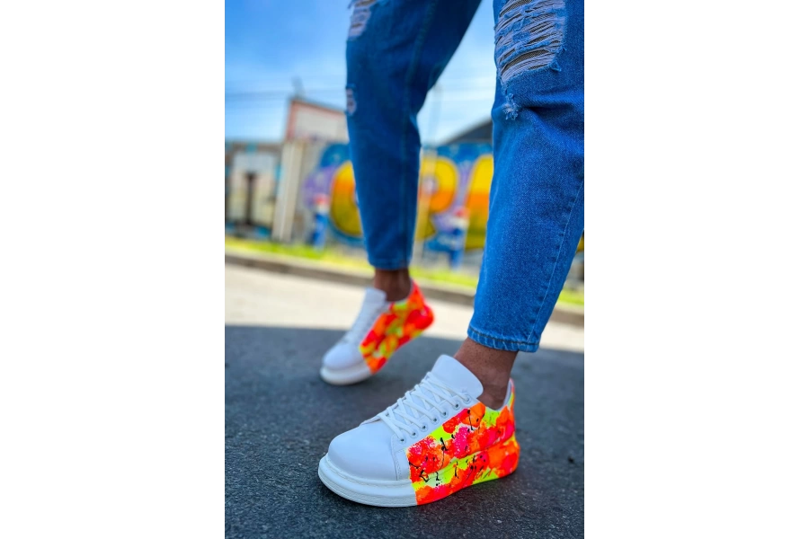 Shoecide Sho254 Bağcıklı Yüksek Taban Özel Tasarım Cbt Pittura Erkek Ayakkabı 535 Neon Turuncu / Sıyah Yağmur