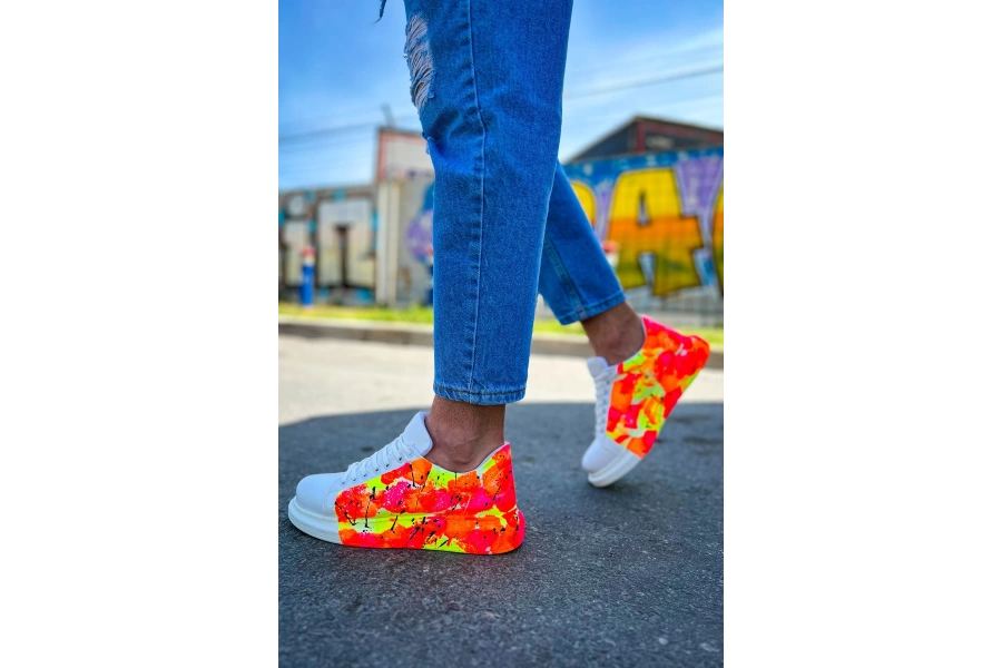 Shoecide Sho254 Bağcıklı Yüksek Taban Özel Tasarım Cbt Pittura Erkek Ayakkabı 535 Neon Turuncu / Sıyah Yağmur