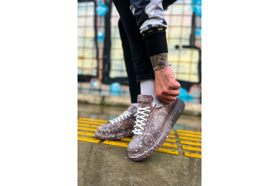 Shoecide Sho254 Bağcıklı Yüksek Taban Özel Tasarım Cbt Pittura Erkek Ayakkabı 548 Kahve / Beyaz Splush