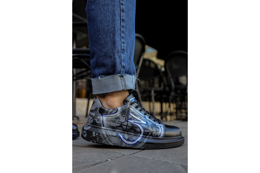 Shoecide Sho254 Bağcıklı Yüksek Taban Özel Tasarım Cst Pittura Erkek Ayakkabı 480  Mavı / Beyaz Grafıtı