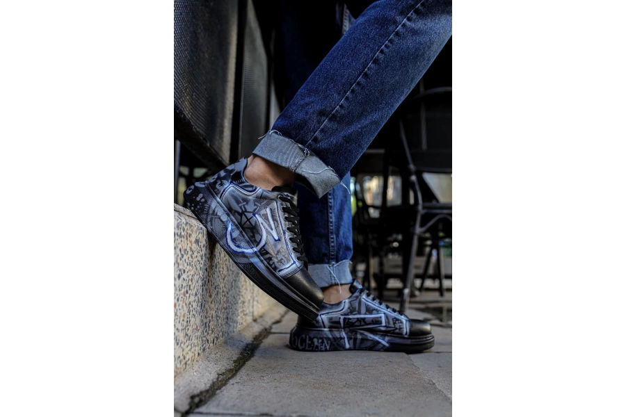 Shoecide Sho254 Bağcıklı Yüksek Taban Özel Tasarım Cst Pittura Erkek Ayakkabı 480  Mavı / Beyaz Grafıtı
