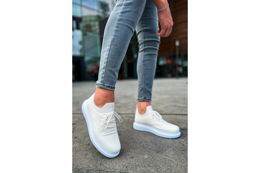 Shoecide Sho307 Bağcıklı Yüksek Taban Rt Tricot Erkek Ayakkabı Beyaz