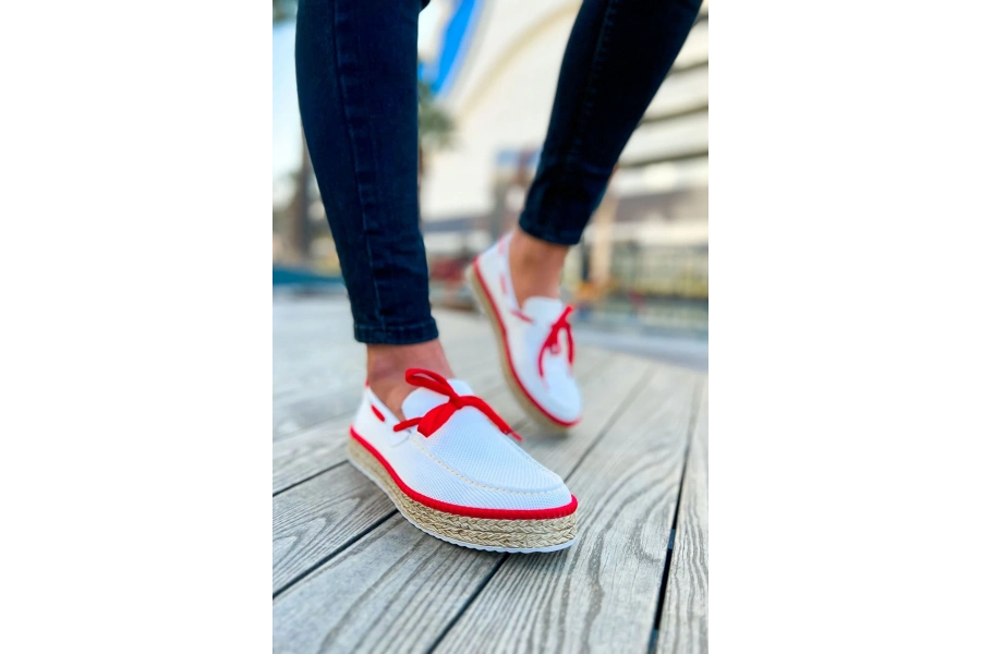 Shoecide Sho311 Bağcıklı Jüt Taban Espadril Erkek Ayakkabı Beyaz/kırmızı