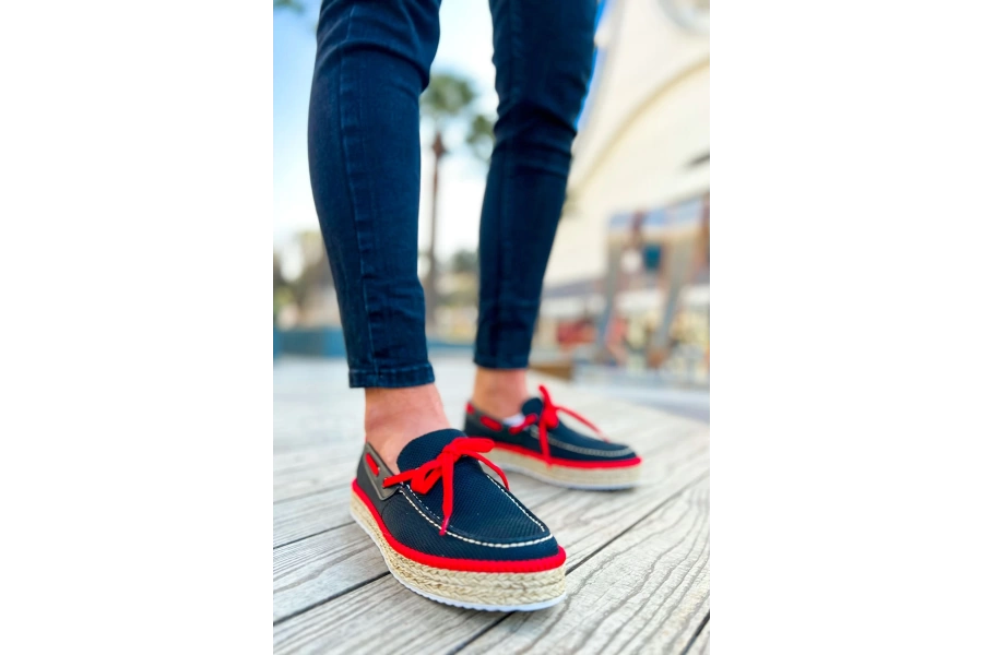 Shoecide Sho311 Bağcıklı Jüt Taban Espadril Erkek Ayakkabı Sıyah - Kırmızı
