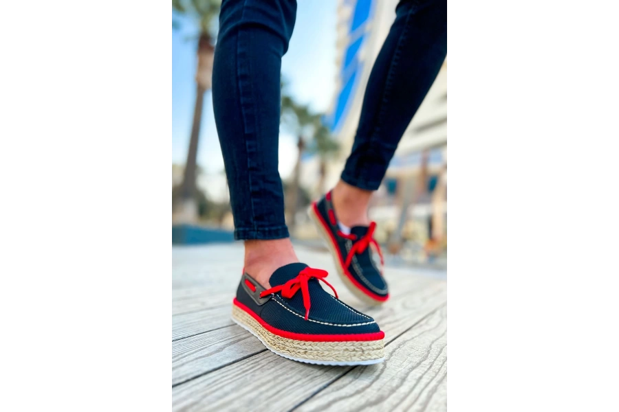 Shoecide Sho311 Bağcıklı Jüt Taban Espadril Erkek Ayakkabı Sıyah - Kırmızı