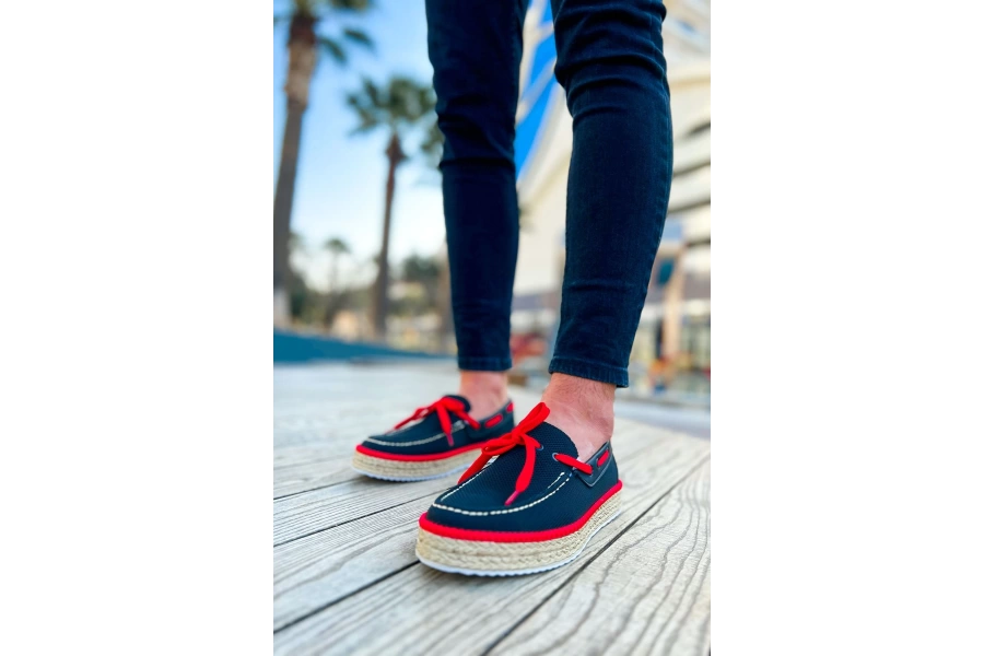 Shoecide Sho311 Bağcıklı Jüt Taban Espadril Erkek Ayakkabı Sıyah - Kırmızı