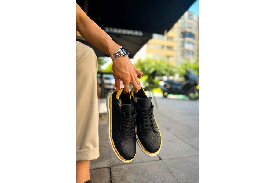 Shoecide Sho979 Bağcıklı Rahat Taban Santoni Gbt Spor Erkek Ayakkabı Sıyah/sarı