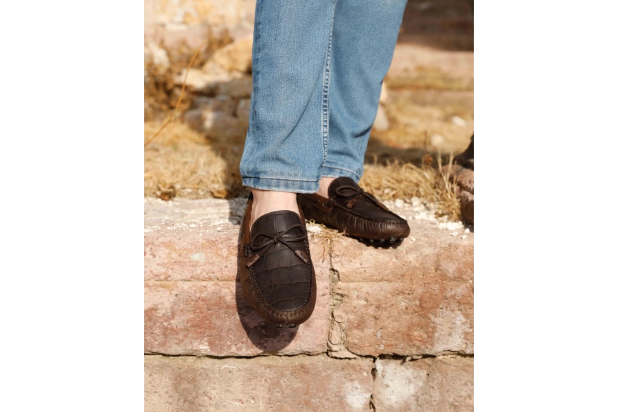 Shoecide Side Kahve Kroko Hakiki Deri Erkek Loafer Ayakkabı