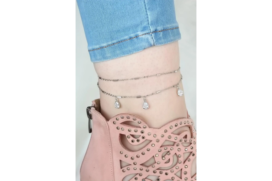 Shoecide Silver Renk Çift Zincirli Damla Taşlı Hal Hal