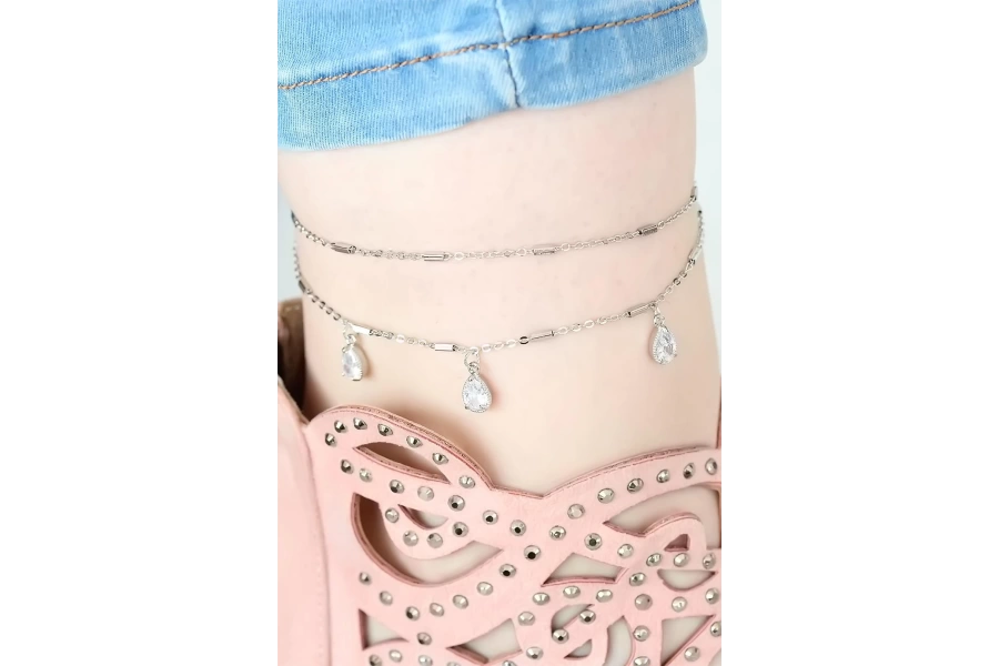 Shoecide Silver Renk Çift Zincirli Damla Taşlı Hal Hal