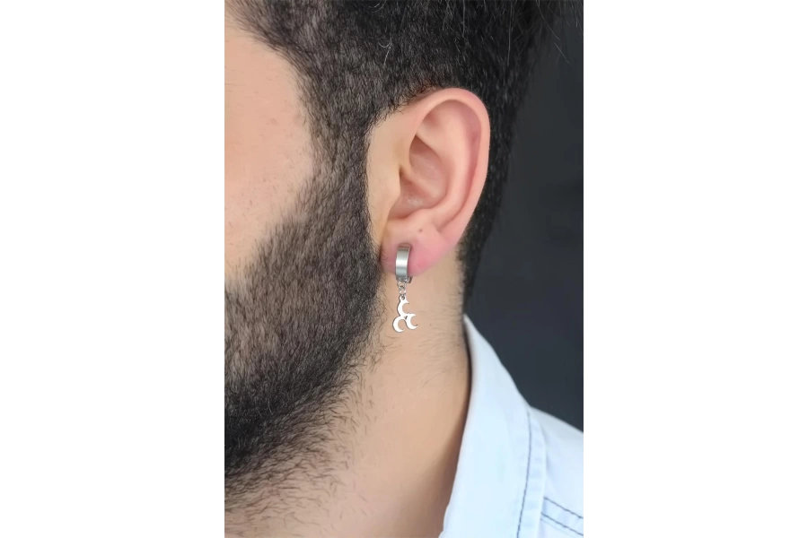 Shoecide Silver Renk Kaplama 3 Hilal Figürlü Çelik Kıstırmalı Erkek Küpe