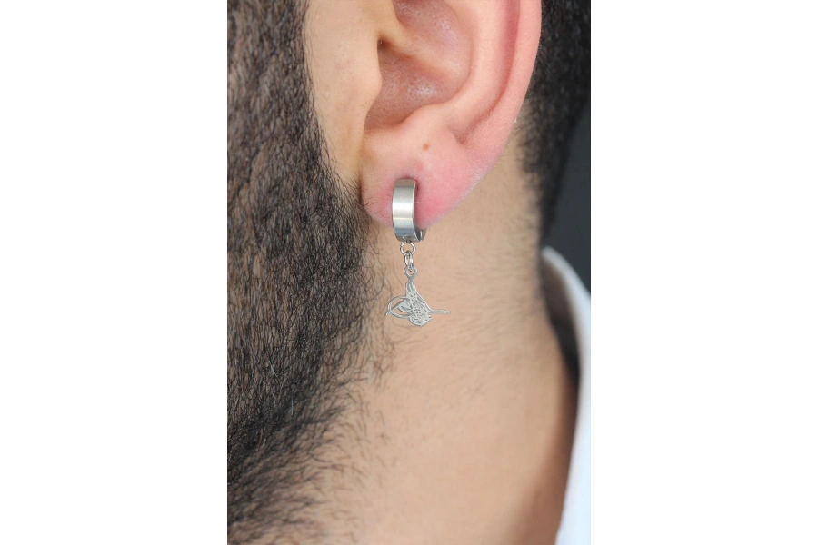 Shoecide Silver Renk Kaplama Osmanlı Tuğra Figürlü Kıstırmalı Çelik Erkek Küpe