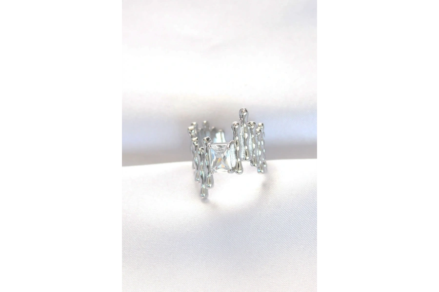 Shoecide Silver Renk Tırtıklı Kalın Baget Taş Tasarım Ayarlanabilir Yüzük