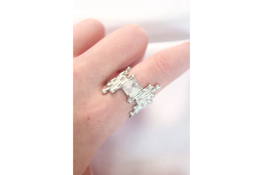 Shoecide Silver Renk Tırtıklı Kalın Baget Taş Tasarım Ayarlanabilir Yüzük