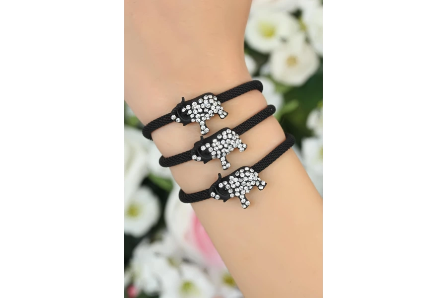 Shoecide Siyah  Zirkon Taşlı Fil Aksesuarlı Metal Bayan Bileklik
