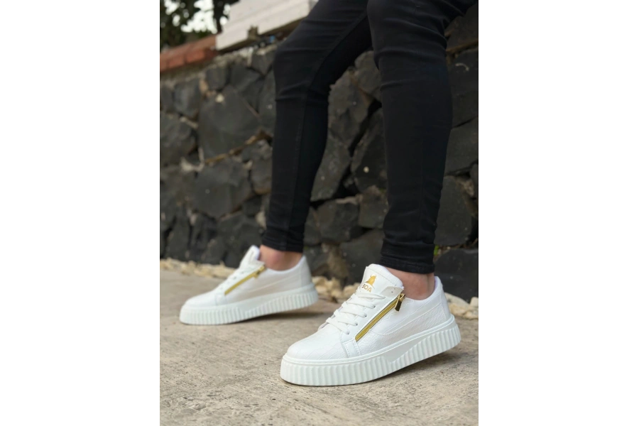 Shoecide Snr-308 Boa Kalın Yüksek Taban Çift Fermuarlı Beyaz Erkek Ayakkabı