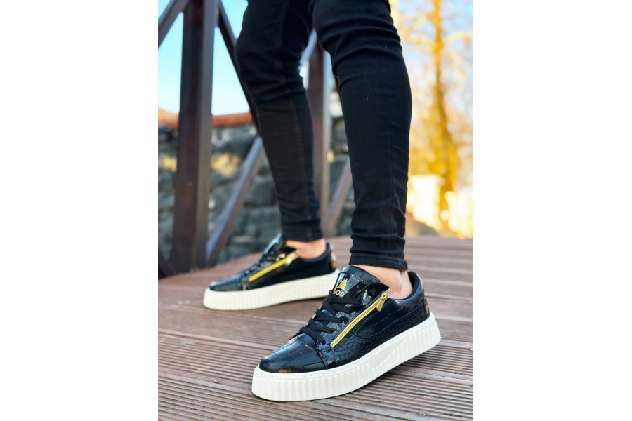 Shoecide Snr-308 Boa Kalın Yüksek Taban Çift Fermuarlı Siyah Beyaz Erkek Ayakkabı