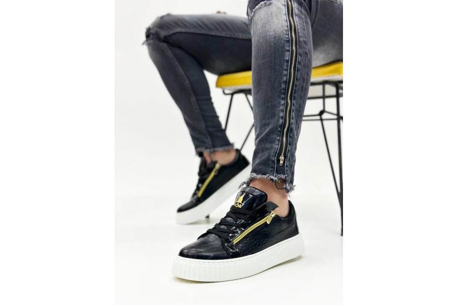 Shoecide Snr-308 Boa Kalın Yüksek Taban Çift Fermuarlı Siyah Beyaz Erkek Ayakkabı