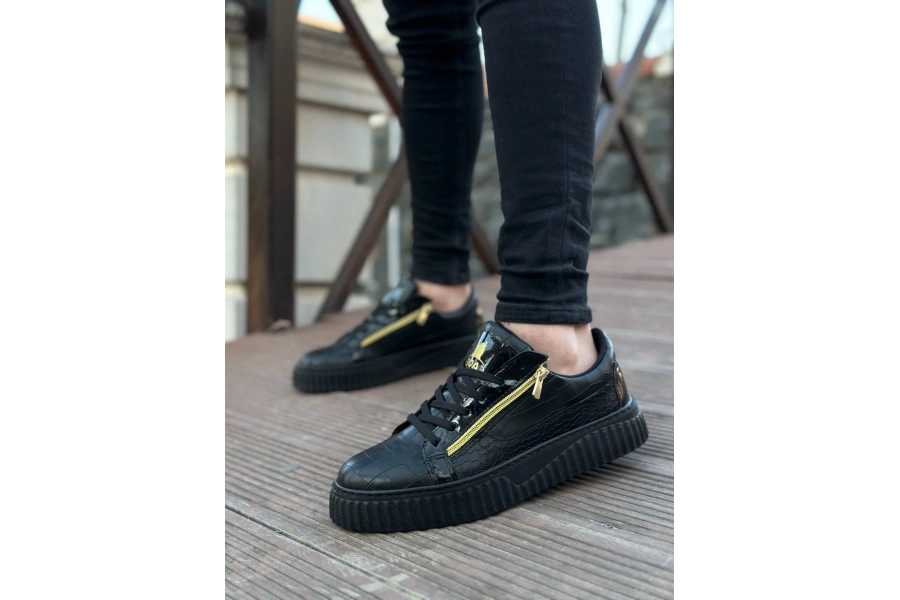 Shoecide Snr-308 Boa Kalın Yüksek Taban Çift Fermuarlı Siyah Siyah Erkek Ayakkabı