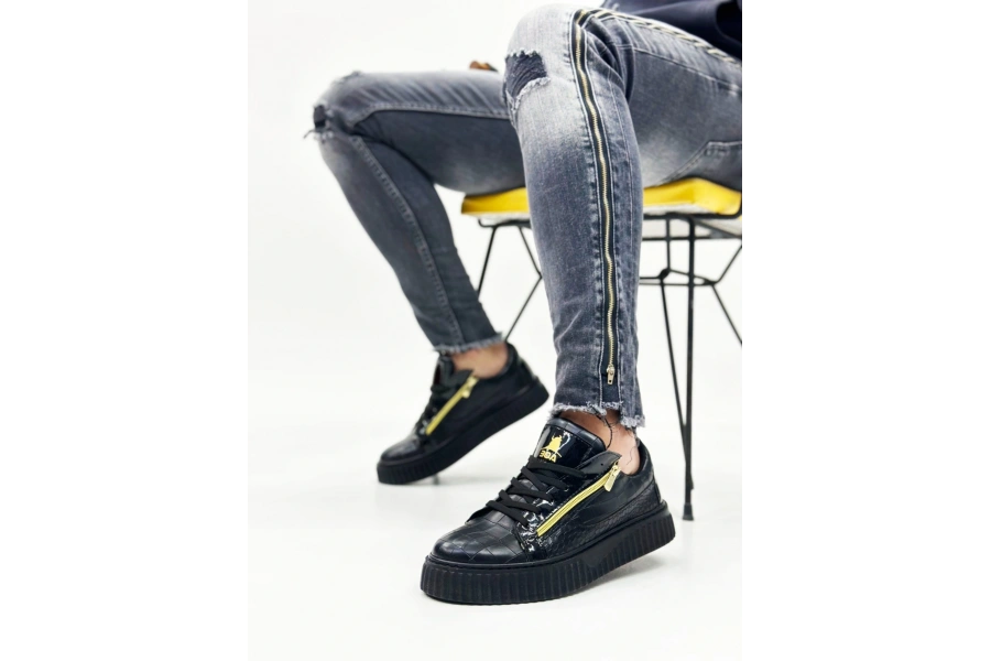 Shoecide Snr-308 Boa Kalın Yüksek Taban Çift Fermuarlı Siyah Siyah Erkek Ayakkabı