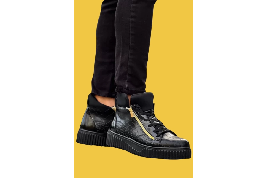 Shoecide Snr-512 Bağcıklı ve Çift Fermuarlı Kalın Yüksek Siyah Taban  Siyah Erkek Spor Bot