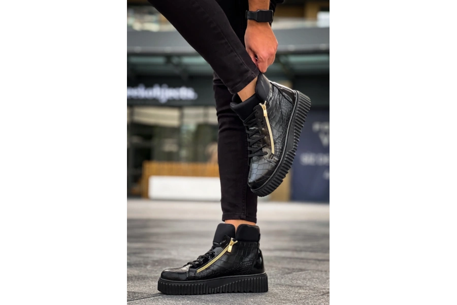 Shoecide Snr-512 Boa Kalın Yüksek Siyah Taban Çift Fermuarlı Siyah Erkek Spor Bot