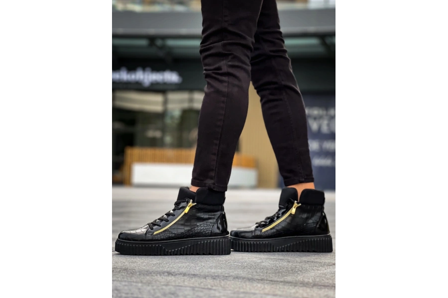 Shoecide Snr-512 Boa Kalın Yüksek Siyah Taban Çift Fermuarlı Siyah Erkek Spor Bot